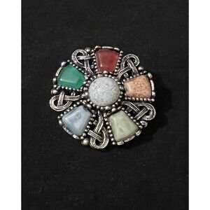 Celtic Scottish Shield Faux Agate Glass Silver tone Scarf Clip 1 3/8"